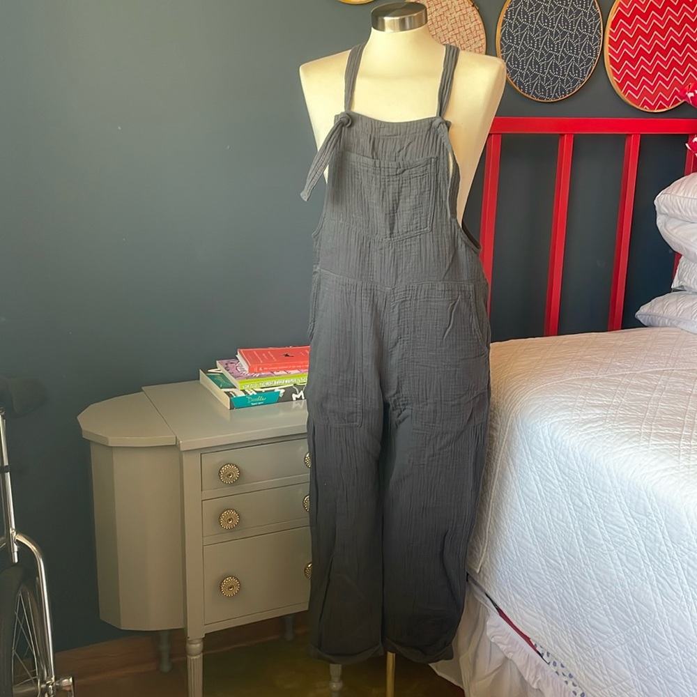 Aerie gray cotton gauze overalls